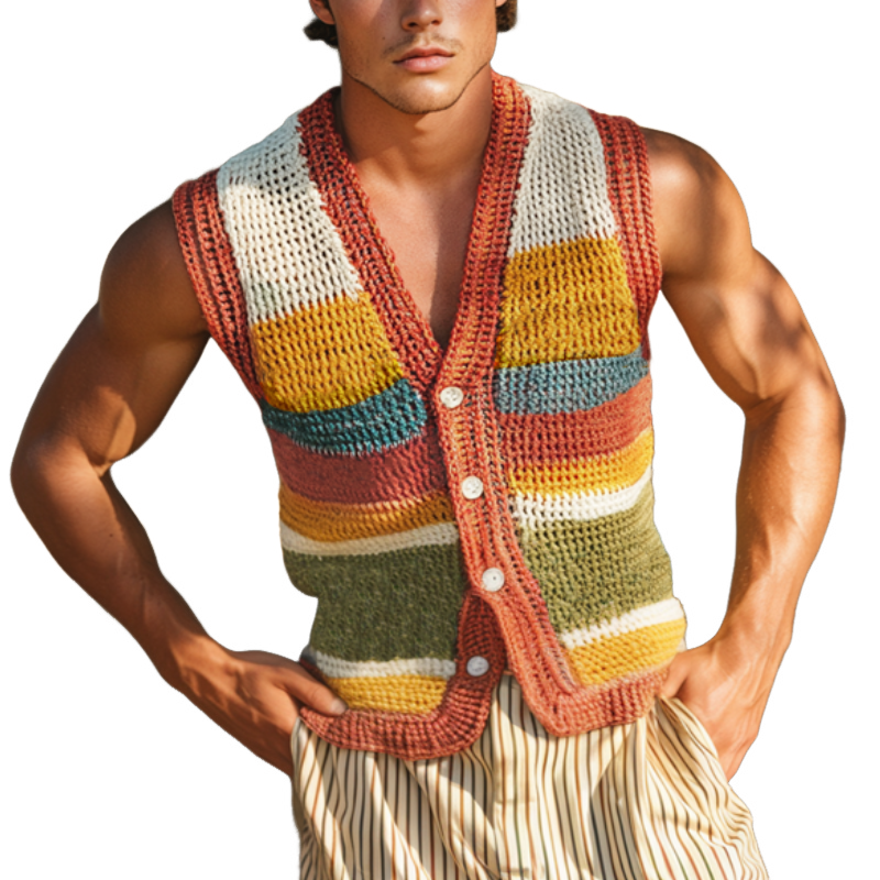 Chaleco informal de punto con cuello en V y rayas de colores para hombre