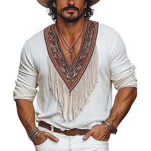 Men's Vintage Embroidered Deep V Neck Cotton Tassel T-Shirt