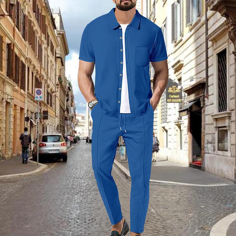 Men's Waffle Solid Color Short Sleeve Shirt And Pants Set