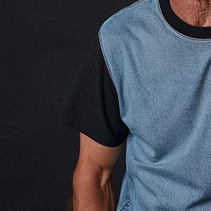 Dünnes Denim-Ptachwork-T-Shirt für Herren mit Rundhalsausschnitt und kurzen Ärmeln