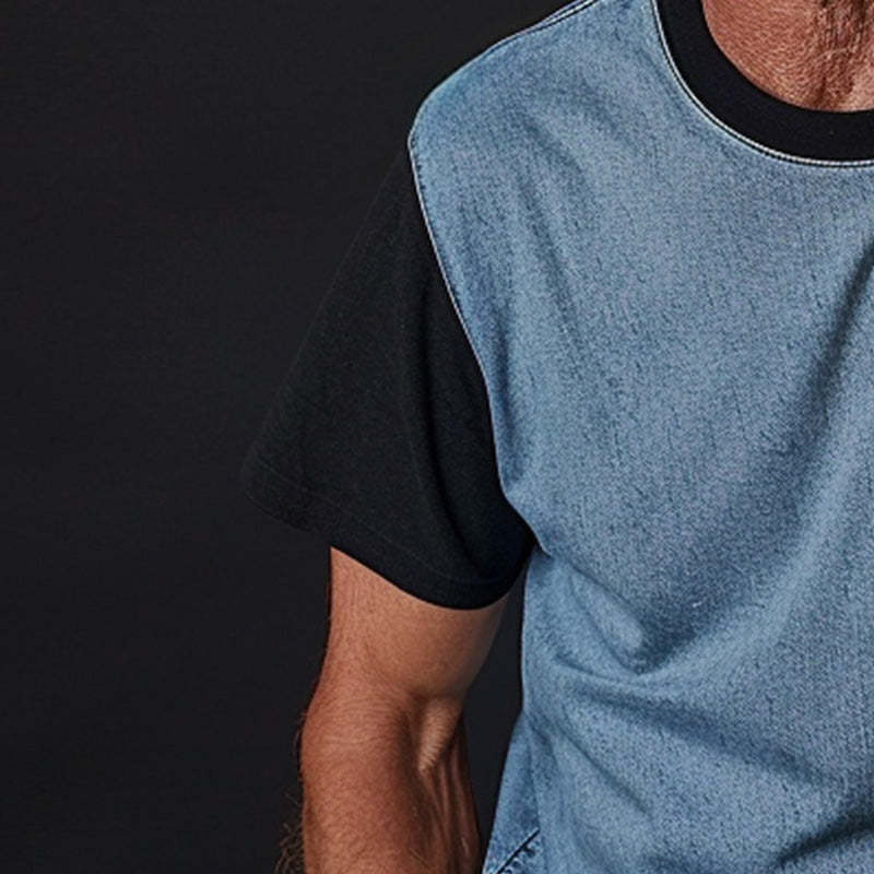 Camiseta de manga corta con cuello redondo y diseño de cuadros de mezclilla fina para hombre