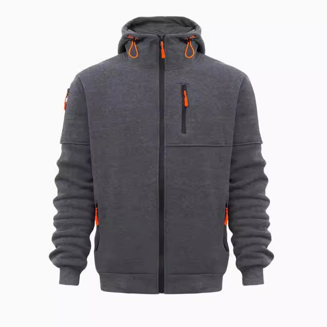 MEN'S HOODED SPORTS STYLE SWEATSHIRT WITH MULTIPLE ZIPPERS AND POCKETS