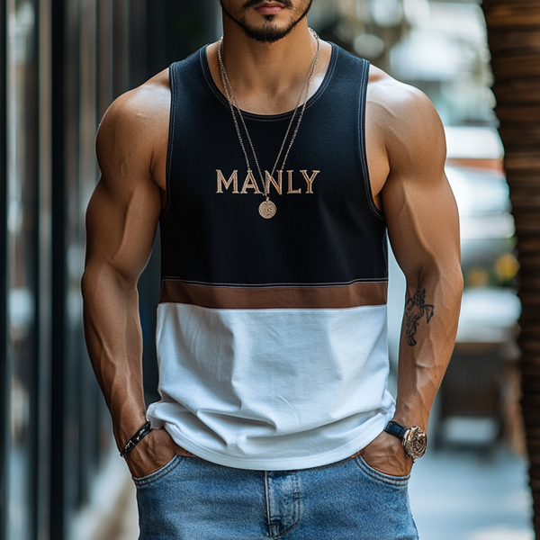 Men's Casual Contrast Cotton Patchwork Letter Embroidered Slim Fit Tank Top