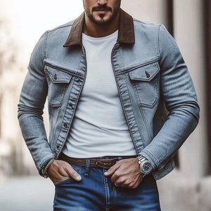 Graue, gewaschene Jeansjacke mit Distressed-Revers für Herren