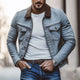 Men's Gray Distressed Lapel Washed Denim Jacket