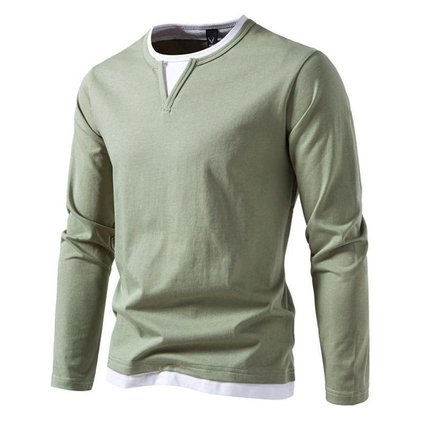 Camiseta informal de manga larga con cuello en V, de dos piezas y doble capa, a juego para hombre
