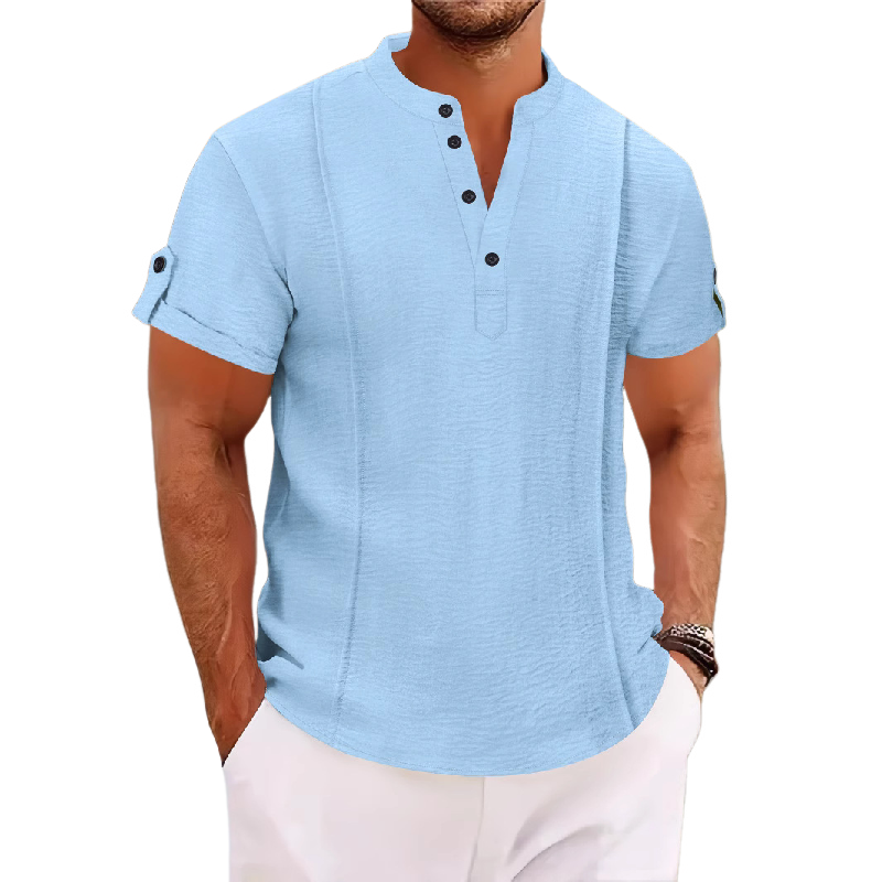 Camisa informal de manga corta con cuello alto para hombre