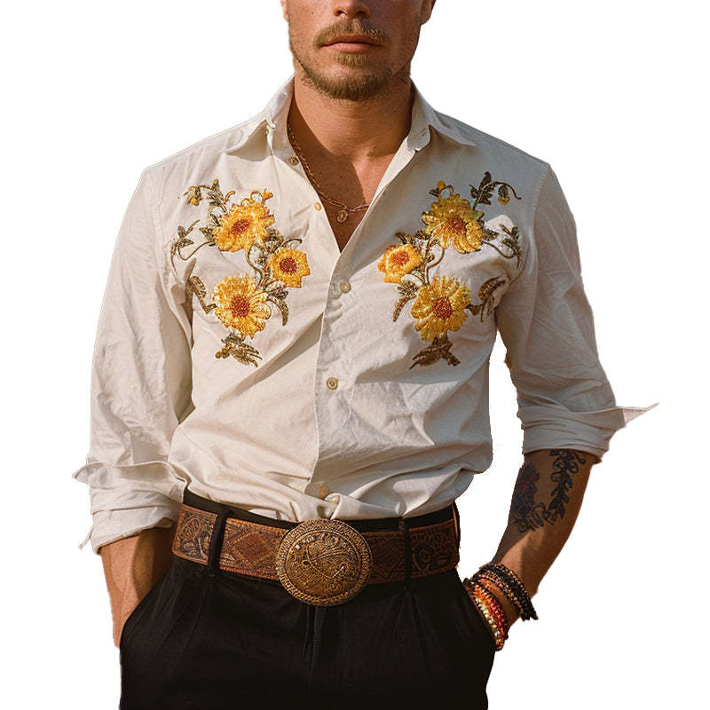 Camisa informal de manga larga con estampado floral bordado para hombre