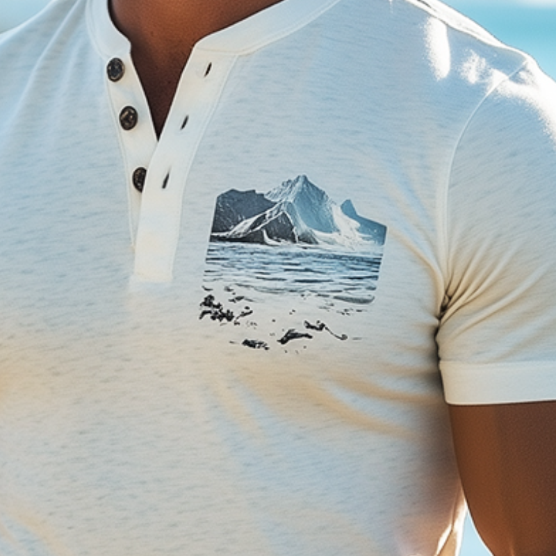 Men's Retro Casual Protective Ocean Element Printed Henley Collar Short Sleeve T-Shirt