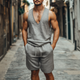 Men's Casual Linen V-neck Loose Tank Top Elastic Waist Shorts Set