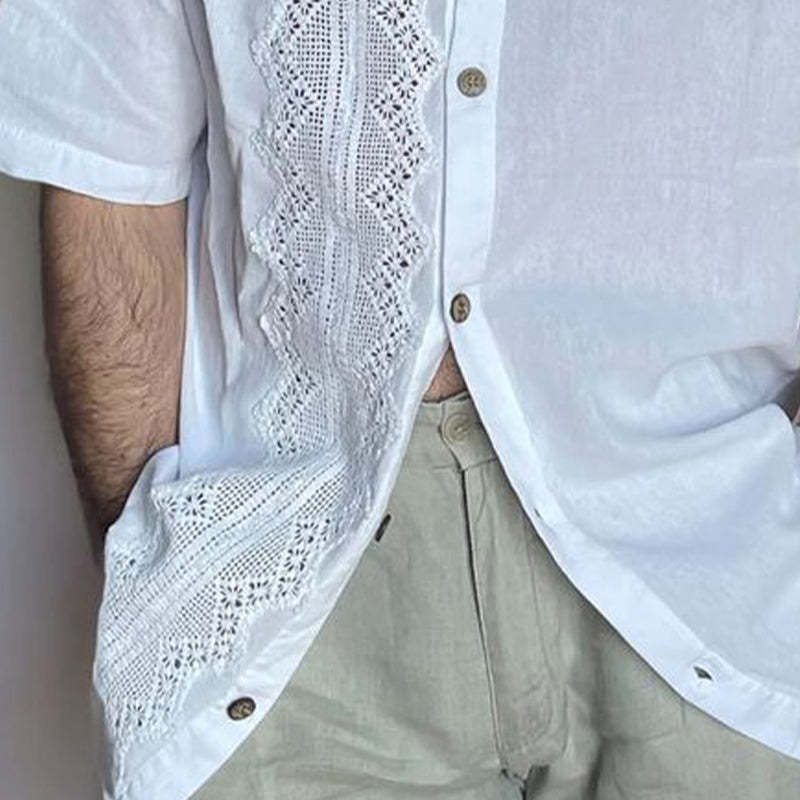 Camisa de manga larga con solapa y encaje de color liso para hombre 