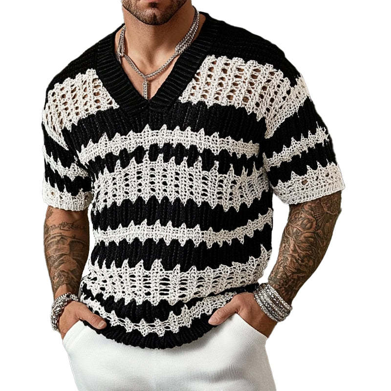 Camiseta de punto con cuello en V y manga corta para hombre en contraste de color