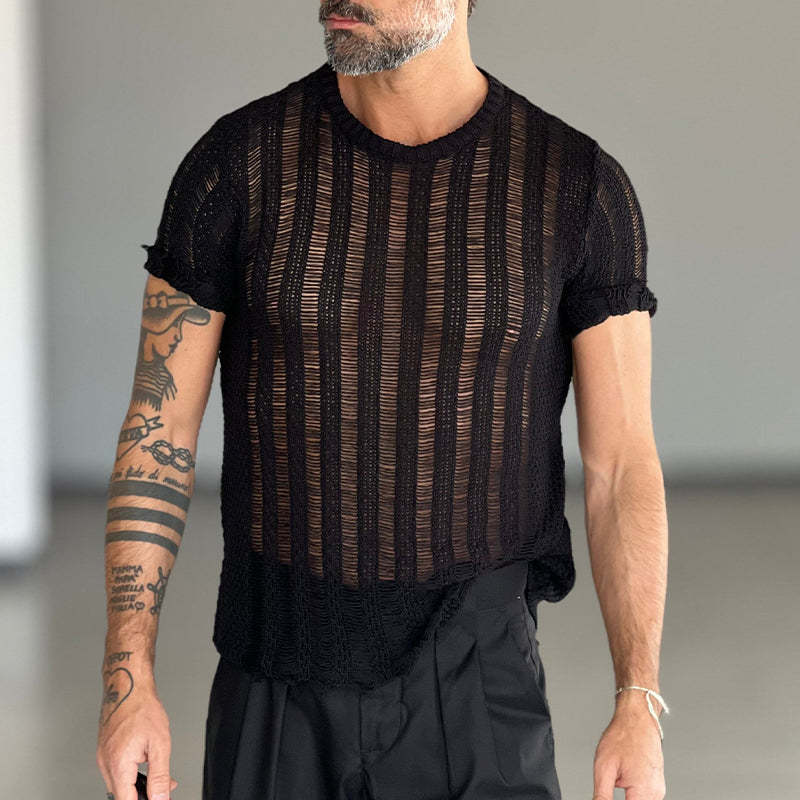 Camiseta de punto de manga corta con cuello redondo y color liso para hombre