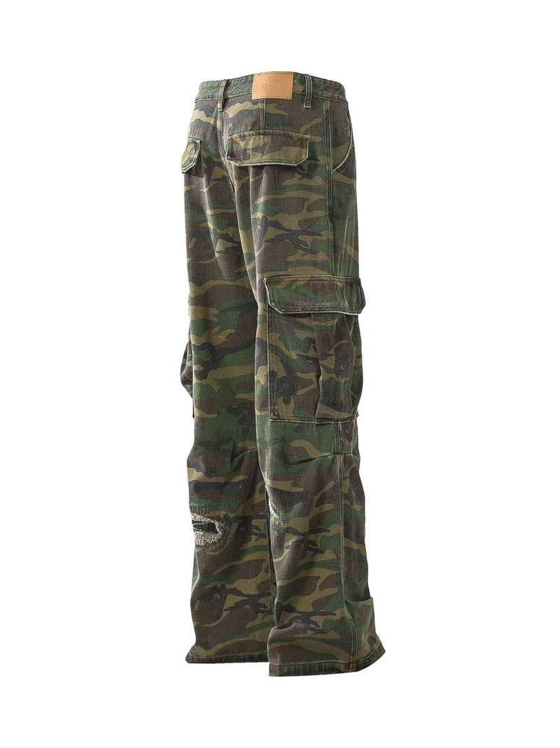 Ripped Camouflage Flared Cargo Pants