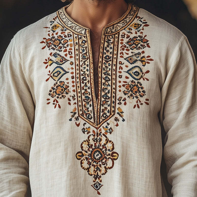 Men's Ethnic Print Open Collar T-Shirt