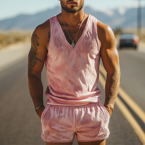Conjunto de camiseta sin mangas y pantalones cortos de ante bordados, estilo informal, ajustado y a la moda de primavera para hombre