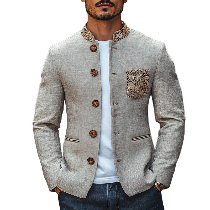 Men's Classic Retro Stand Collar Pocket Embroidery Thin Cotton And Linen Jacket MTA2435C3K