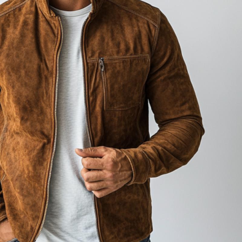 Herrenmode Lässige Wildlederjacke mit Reißverschluss und Stehkragen