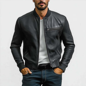 Men's Spring And Autumn Pure Black PU Leather Jacket