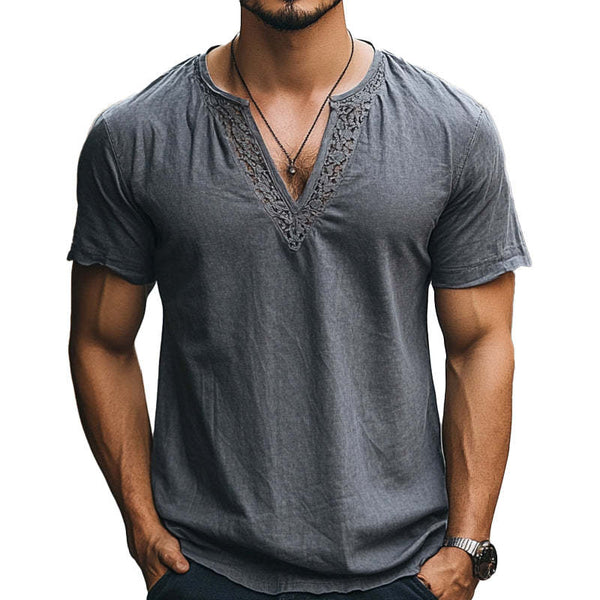 Lässiges Herren-T-Shirt mit V-Ausschnitt und gespleißter Spitze und kurzen Ärmeln