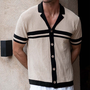Men's Spring And Summer Casual Contrast Color Stitching Knitted Short Sleeve Shirt