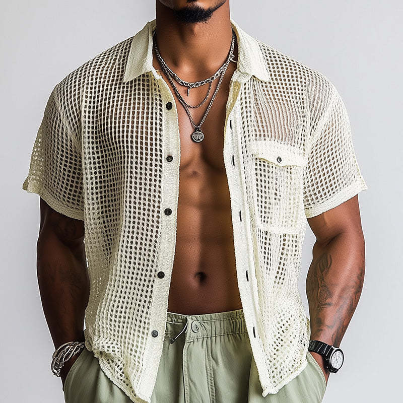 Camisa de manga corta hueca tejida de moda de primavera para hombre