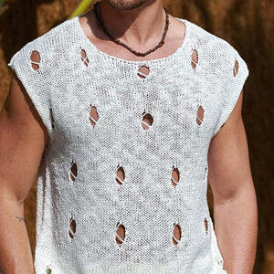 Men's Solid Color Ripped Crew Neck Knit Tank Tops