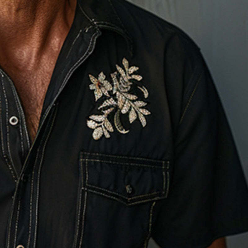 Men's Light Denim Embroidered Short Sleeve Shirt