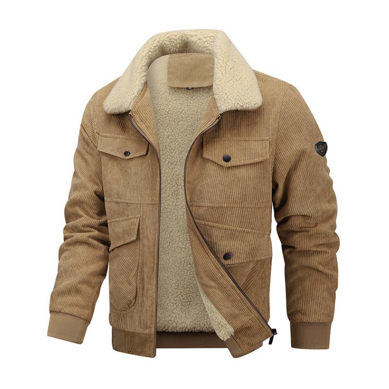 Men's Casual Lapel Corduroy Thickened Lambswool Multi-Pocket Zipper Jacket