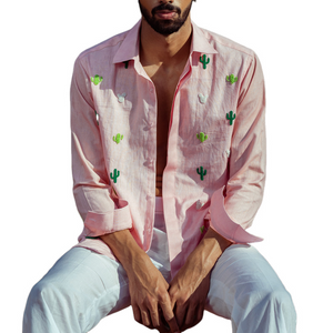 Camisa de manga larga con bordado de cactus divertido para hombre 