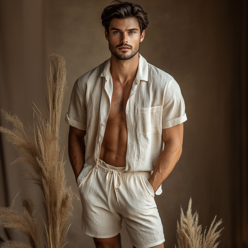 Men's Casual Linen Lapel Short-sleeved Shirt Loose Shorts Set