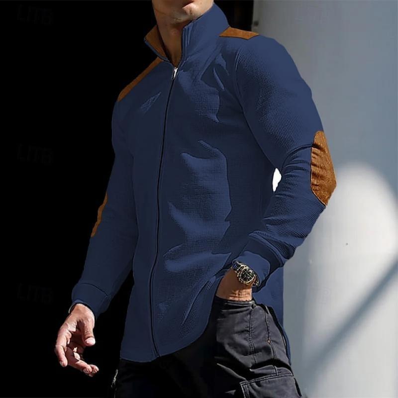 Men's Color Block Waffle Zipper Stand Collar Long Sleeve Shirt