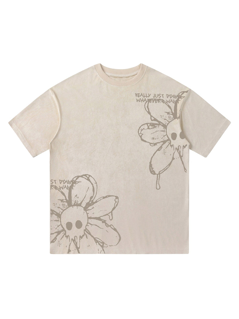 American Retro Creative Skull Flower T-shirt