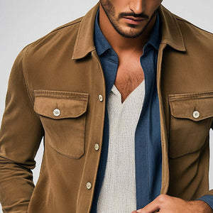 Men's Spring And Autumn Basic Brown Suede Long Sleeve Shirt