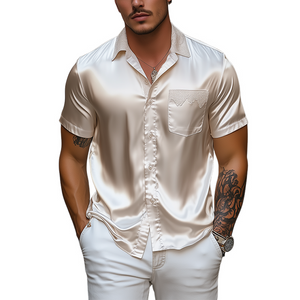 Camisa de manga corta de satén con costuras de encaje y bolsillo para hombre, moda de primavera y verano