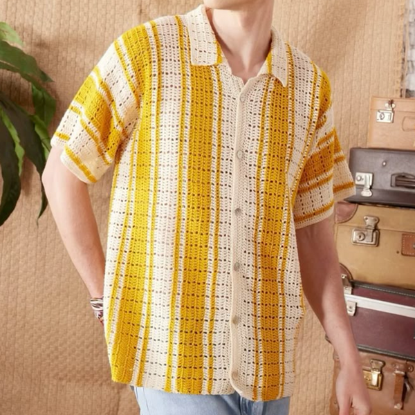 Men's Casual Contrast Striped Lapel Single-breasted Knitted Short-sleeved Cardigan