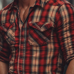 Camisa a cuadros informal de manga larga estilo retro para hombre