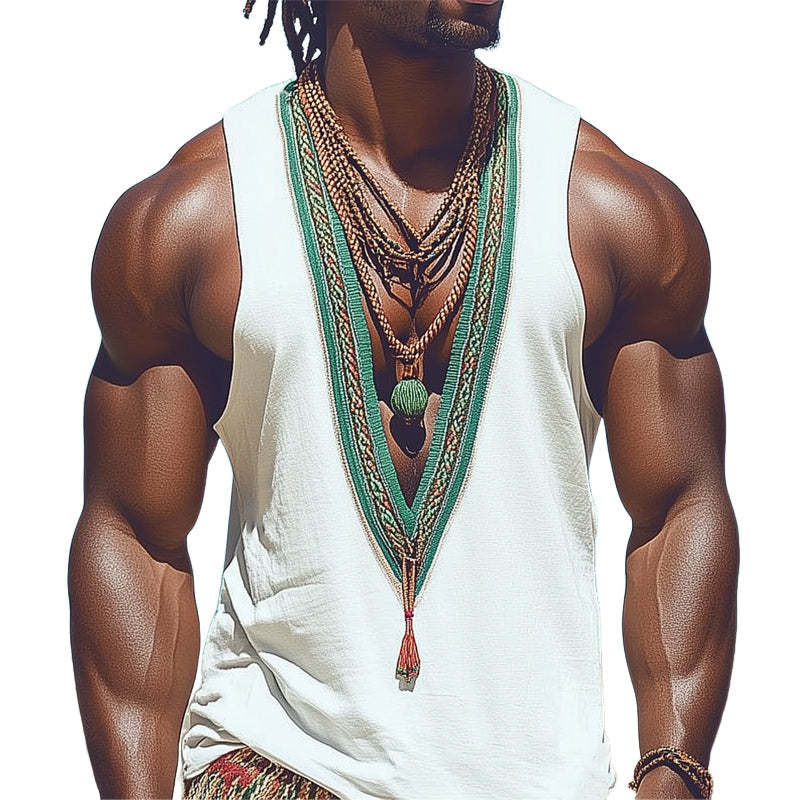 Camiseta sin mangas informal bordada retro con cuello en V profundo de verano para hombre
