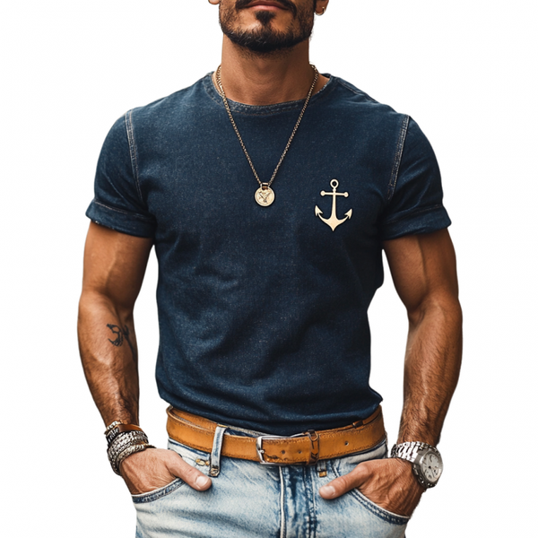 Men's Retro Denim Washed Anchor Print Round Neck Slim Fit Short Sleeve T-Shirt