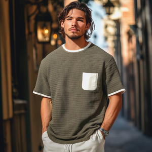 Lässiges Herren-T-Shirt mit Rundhalsausschnitt, Clorblock-Patchwork, locker gestrickt, kurzärmelig