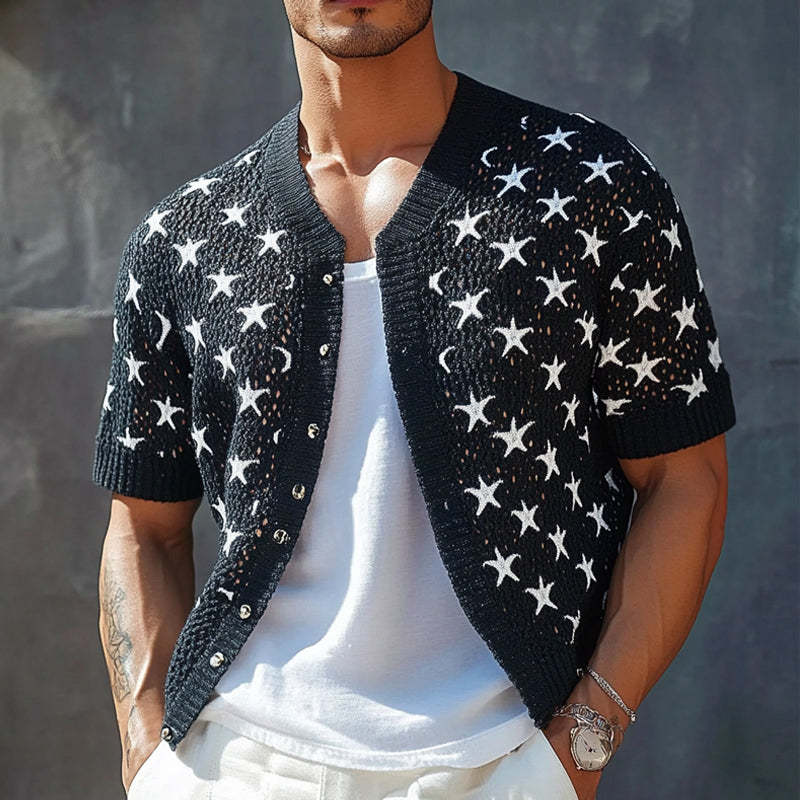 Camisa de punto de manga corta con jacquard de estrellas para hombre