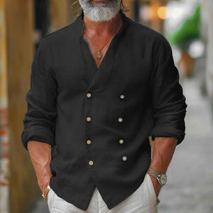 Camisa de manga larga cruzada con cuello alto de algodón y lino para hombre