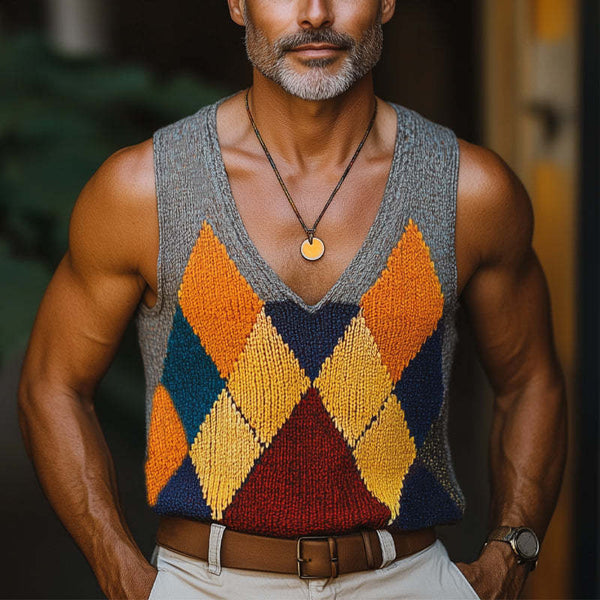 Sommermode für Herren, gestricktes Tanktop mit Diamant-Farbblock