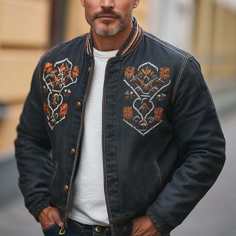 Men's Vintage Western Denim Distressed Embroidered Button Up Jacket MTA2731C7U