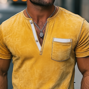 Camiseta de manga corta de ante brillante con cuello en V profundo informal y corte entallado para hombre