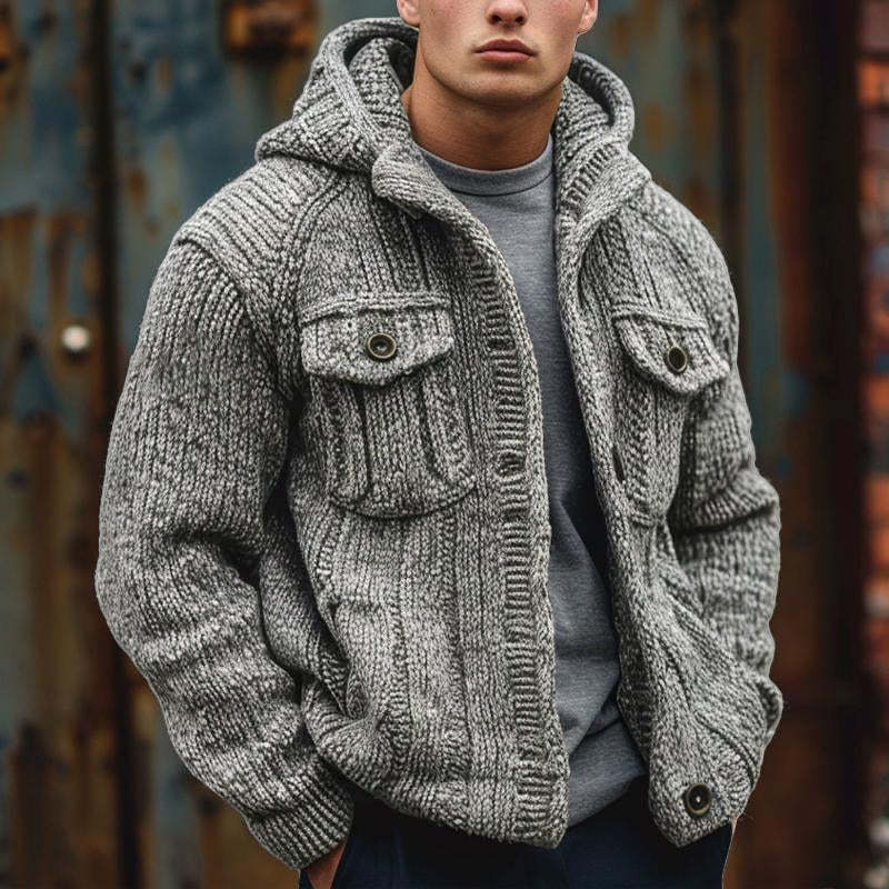 Herren-Strickjacke mit Kapuze, einfarbig, gestreift, strukturiert