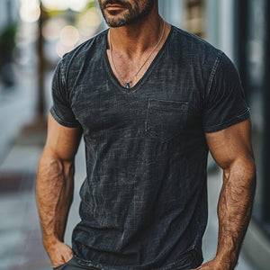Camiseta informal de manga corta con cuello en V, resistente, lavada y desgastada para hombre