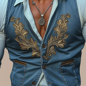 Men's Retro Western Denim Embroidered Button Up Vest