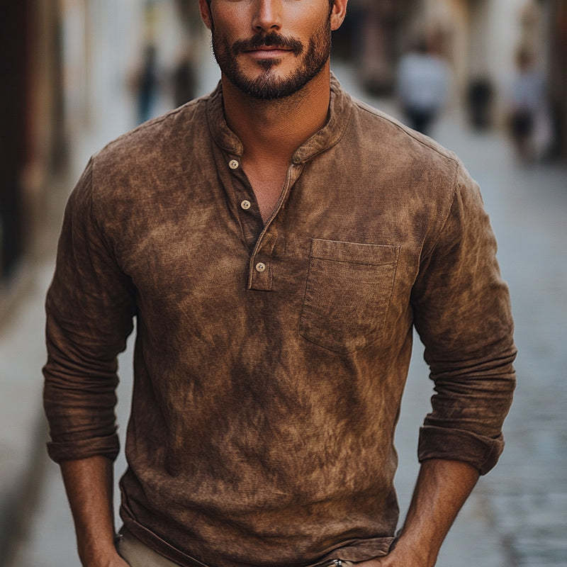 Men's Brown Tie-Dye Button-Down Cotton Long Sleeve T-Shirt