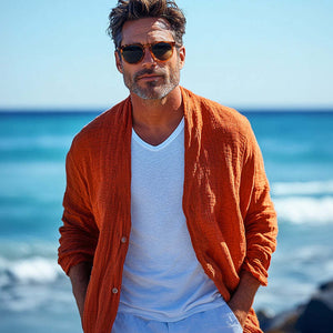 Camisa informal de manga larga de algodón y lino naranja, agradable para la piel, para hombre